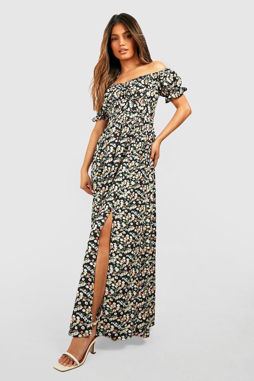 Floral Bardot Shirred Bust Split Maxi Dress