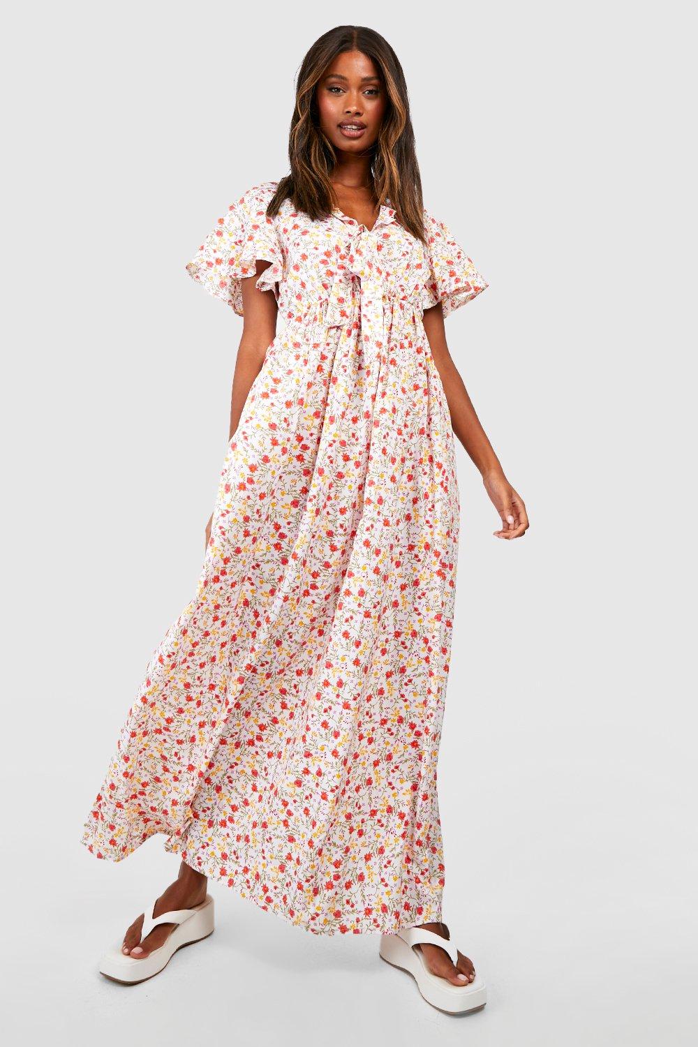 Floral Frill Sleeve Plunge Maxi Dress