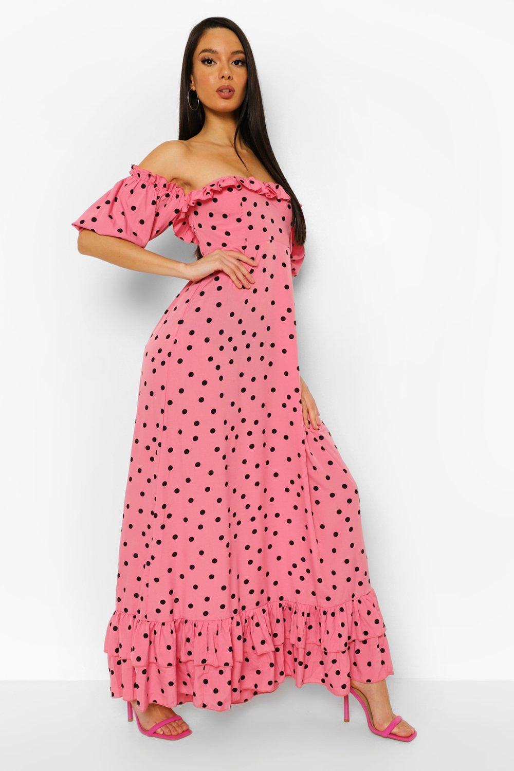 Polka Dot Bardot Puff Sleeve Maxi Dress