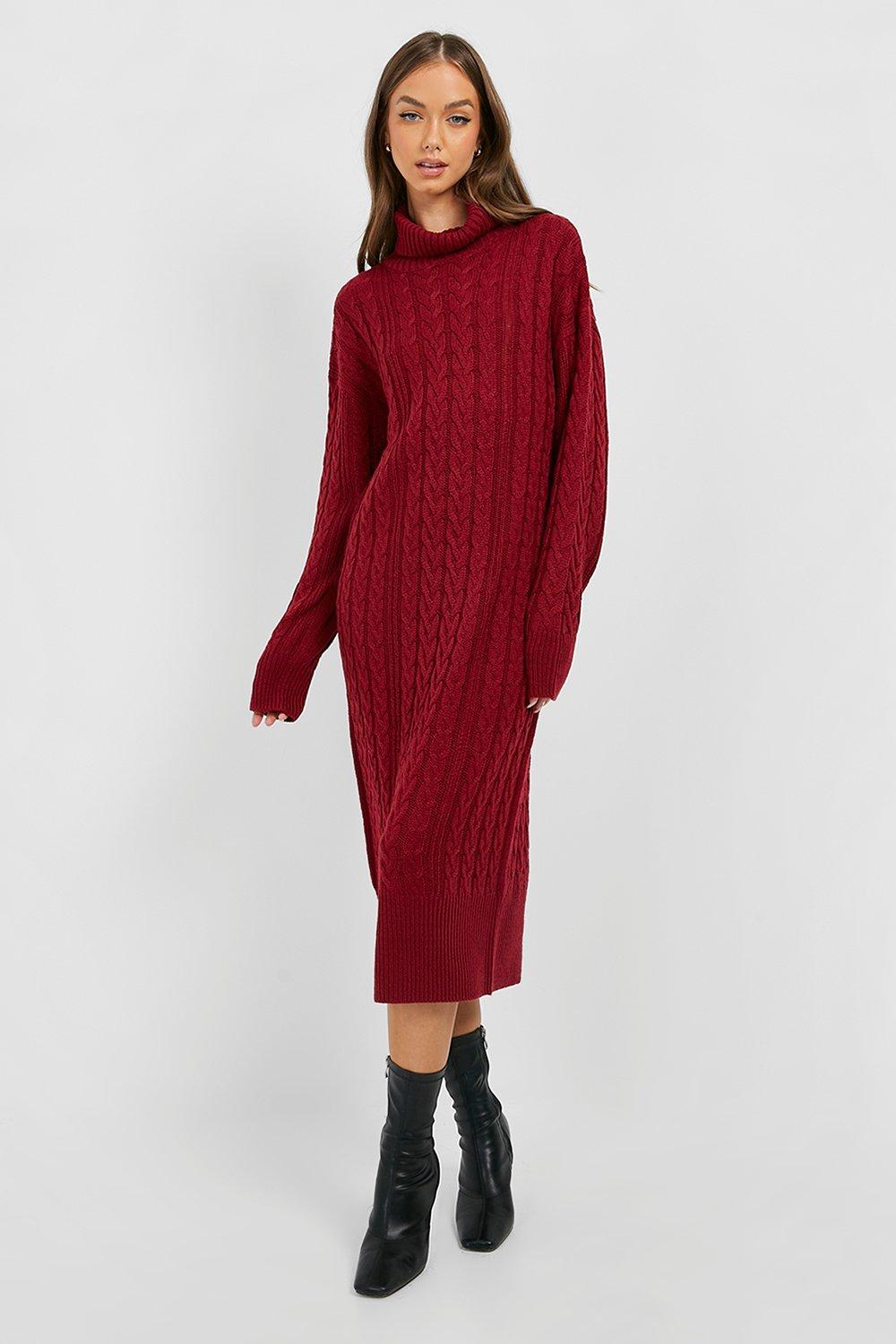 Cable Knit Roll Neck Midi Dress