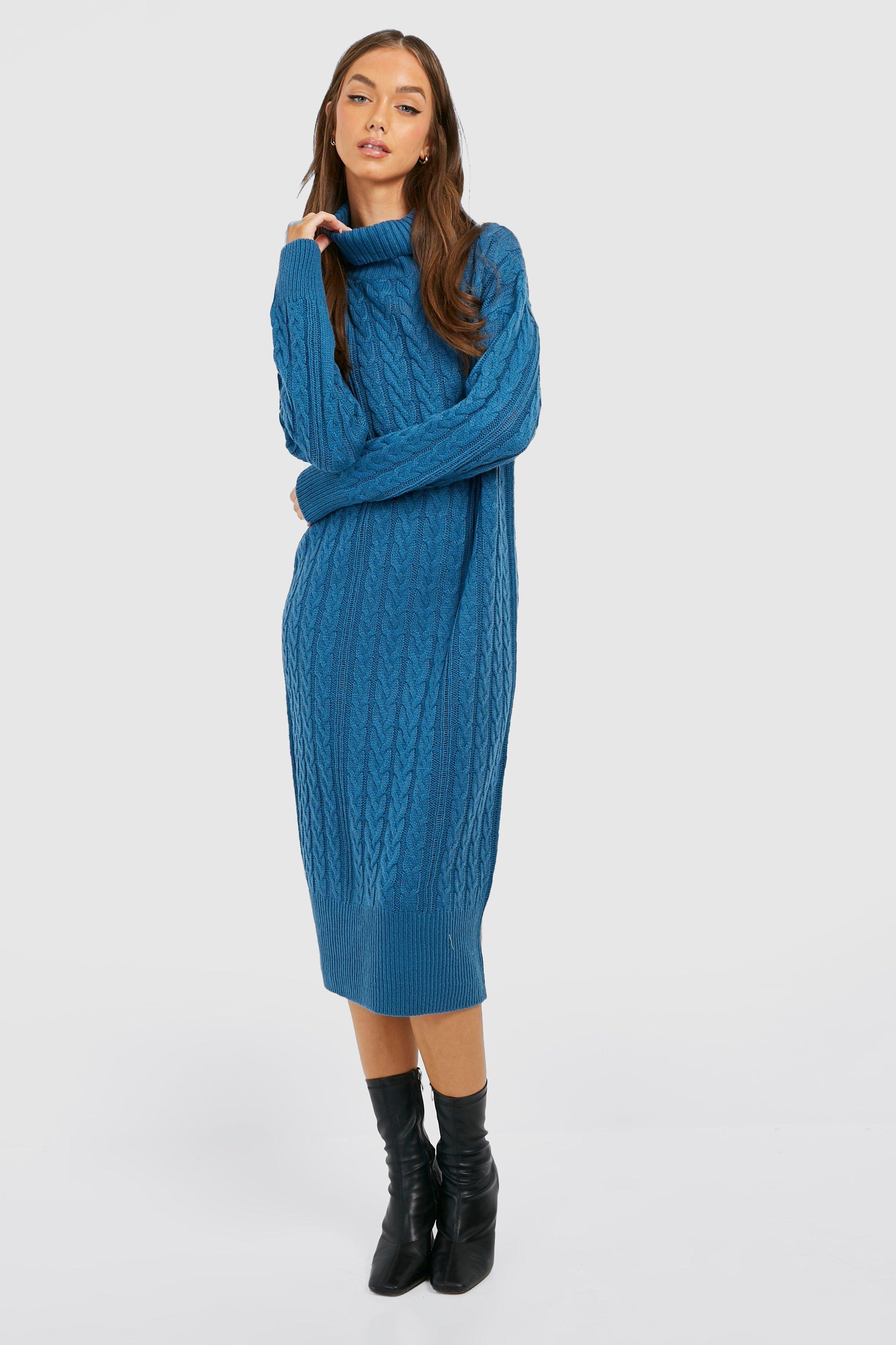 Cable Knit Roll Neck Midi Dress