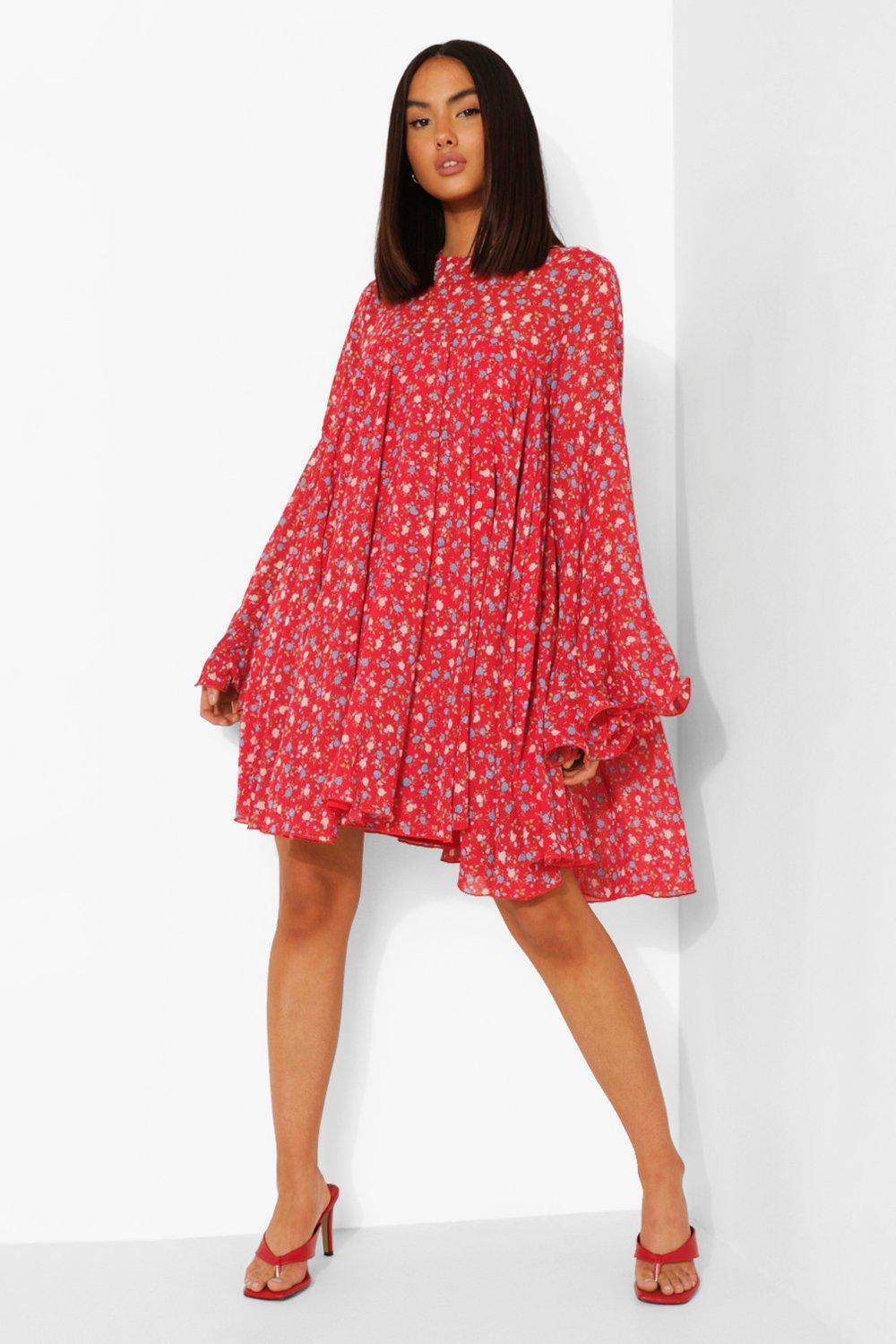 Floral Print Pleated Detail Smock Dress