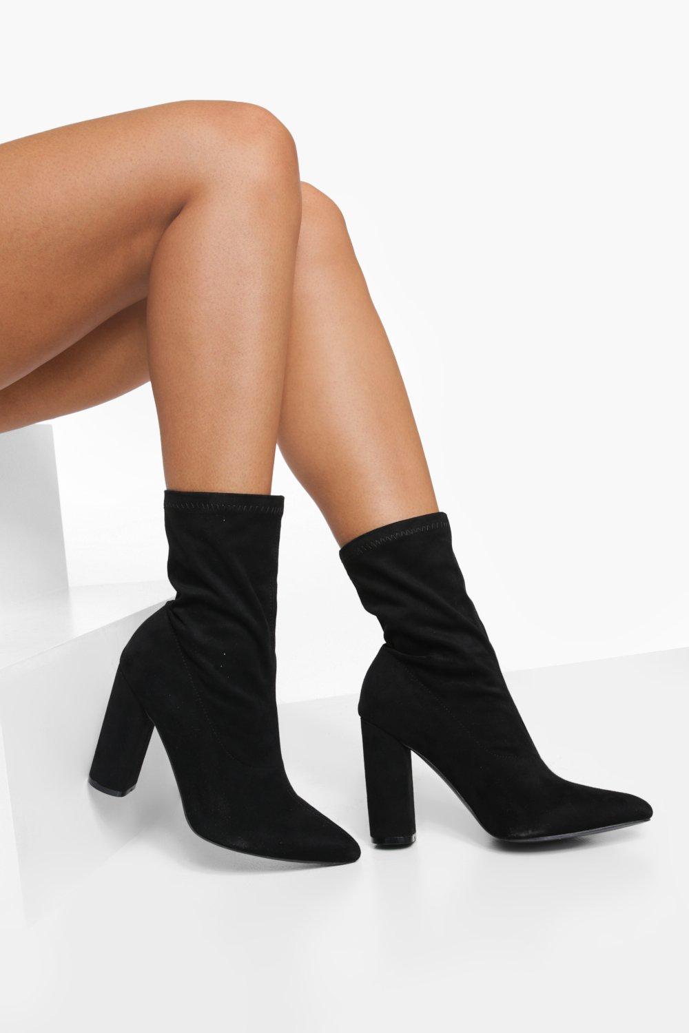 Wide Fit Block Heel Pointed Toe Sock Boots