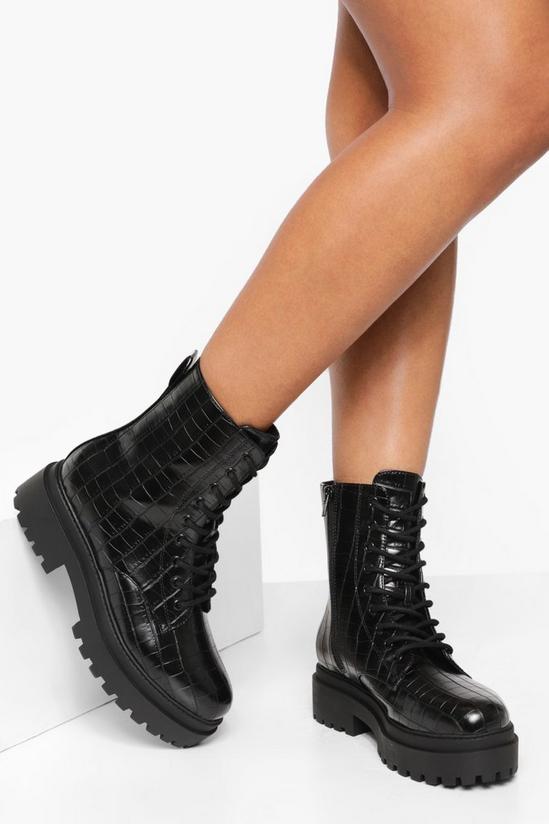 boohoo Chunky Cleated Patent Croc Hiker Boots 1