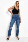 boohoo High Waisted Straight Leg Jeans With Busted Knee thumbnail 3