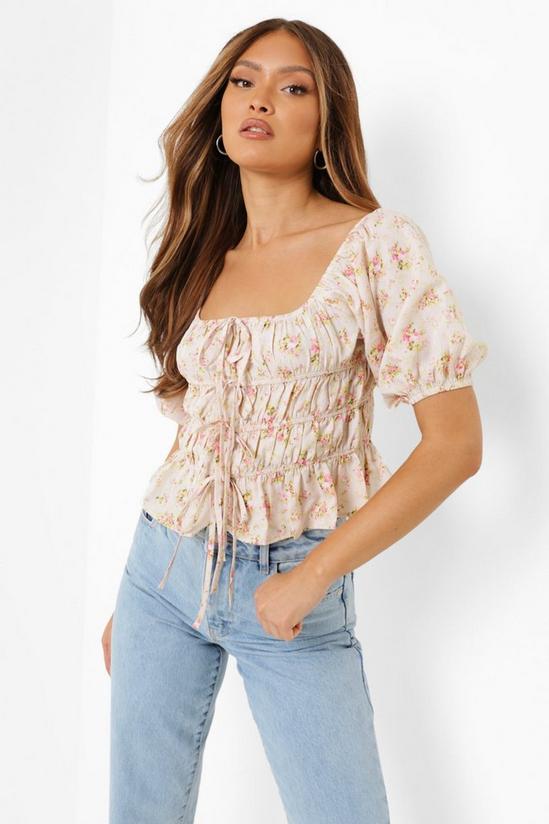 boohoo Ruched Detail Floral Puff Sleeve Top 1
