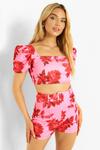 boohoo Floral Puff Sleeve Crop Top & Belted Shorts Set thumbnail 1