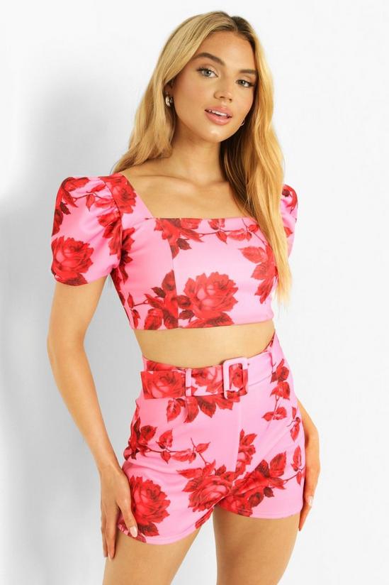 boohoo Floral Puff Sleeve Crop Top & Belted Shorts Set 1