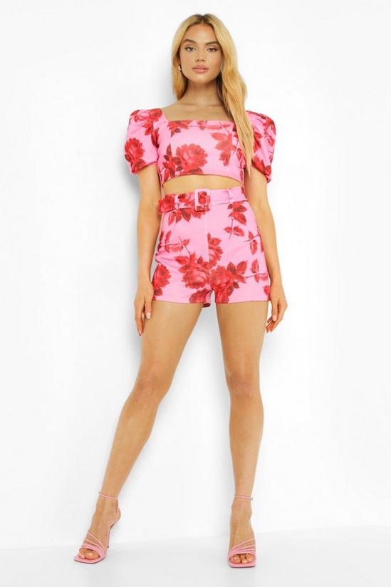 boohoo Floral Puff Sleeve Crop Top & Belted Shorts Set 3