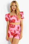 boohoo Floral Puff Sleeve Crop Top & Belted Shorts Set thumbnail 4
