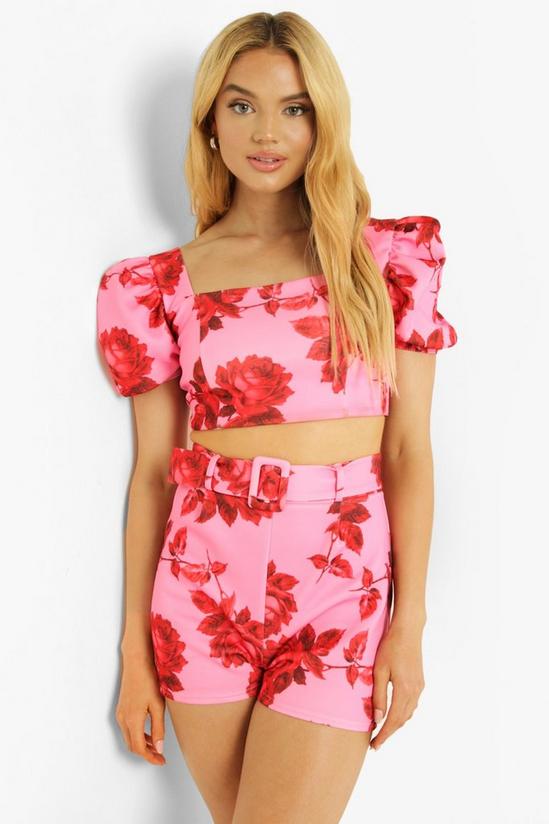 boohoo Floral Puff Sleeve Crop Top & Belted Shorts Set 4