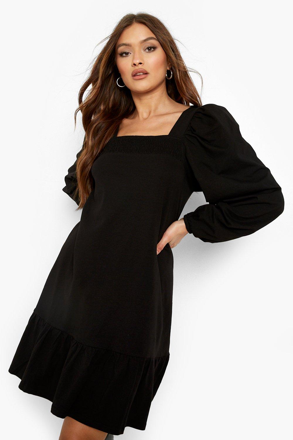 Long Sleeve Puff Square Neck Smock Dress