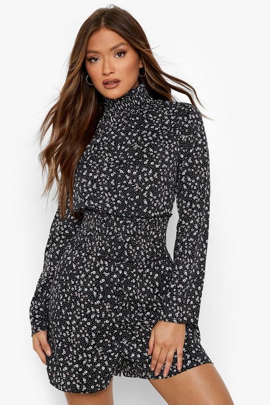 boohoo Floral High Neck Shirred Playsuit 1