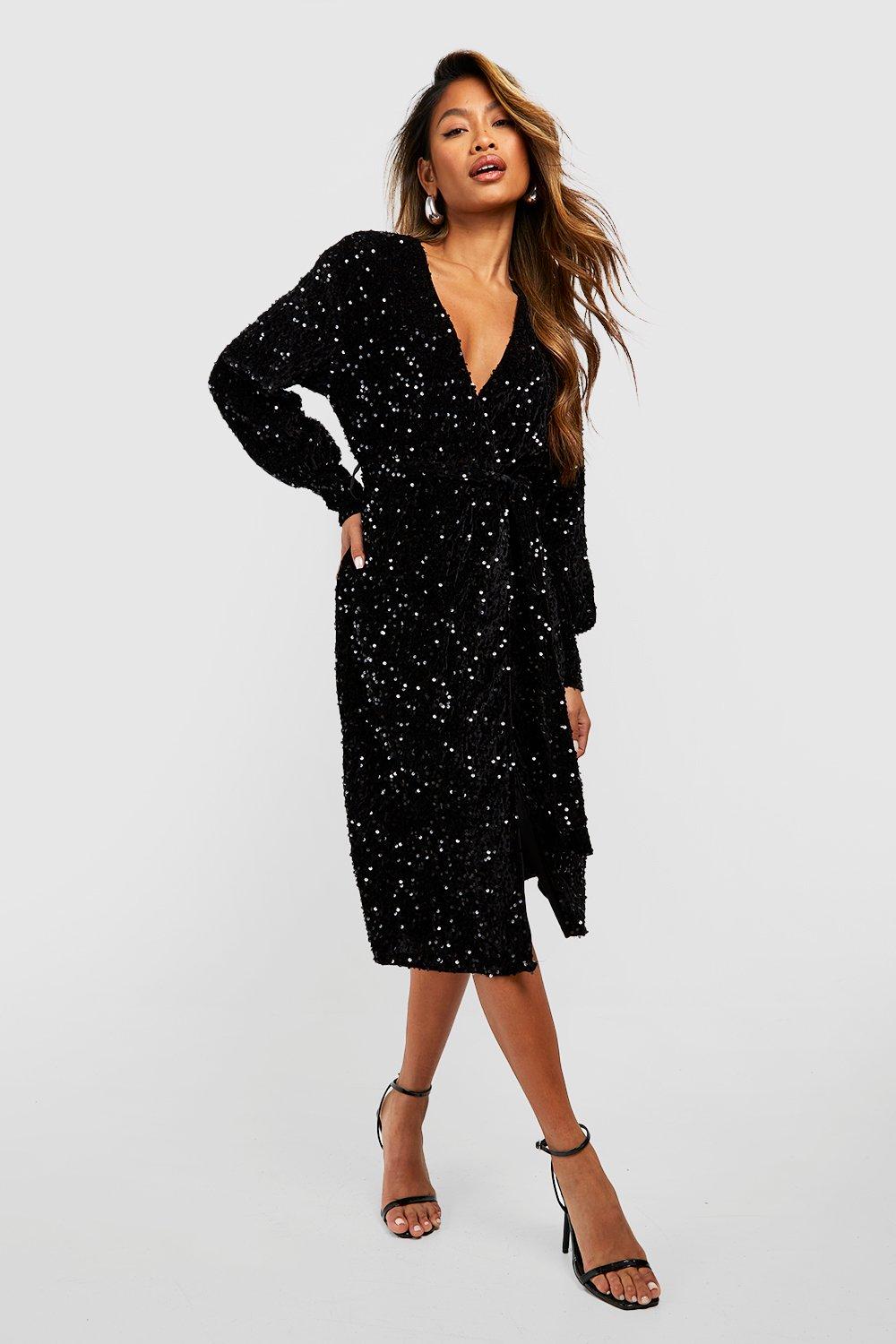 Sequin Wrap Belted Midi Party Dress