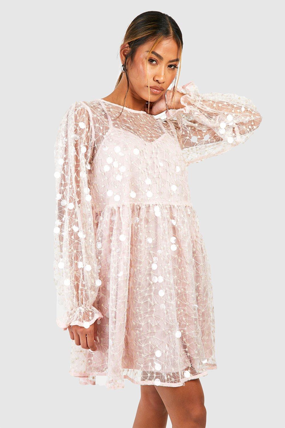 Disk Sequin Blouson Sleeve Smock Party Dress