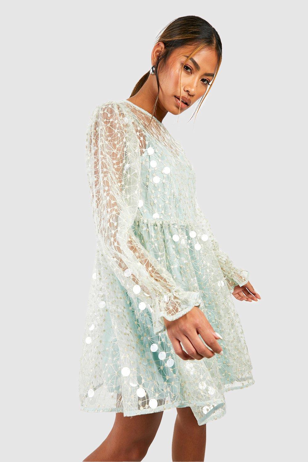Disk Sequin Blouson Sleeve Smock Party Dress