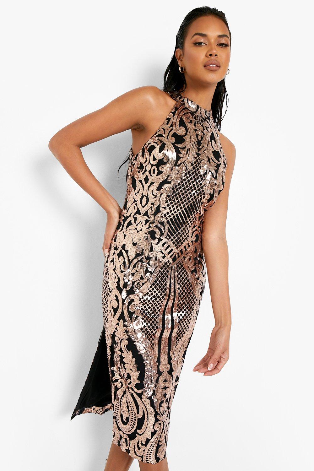 Damask Sequin High Neck Midi Party Dress