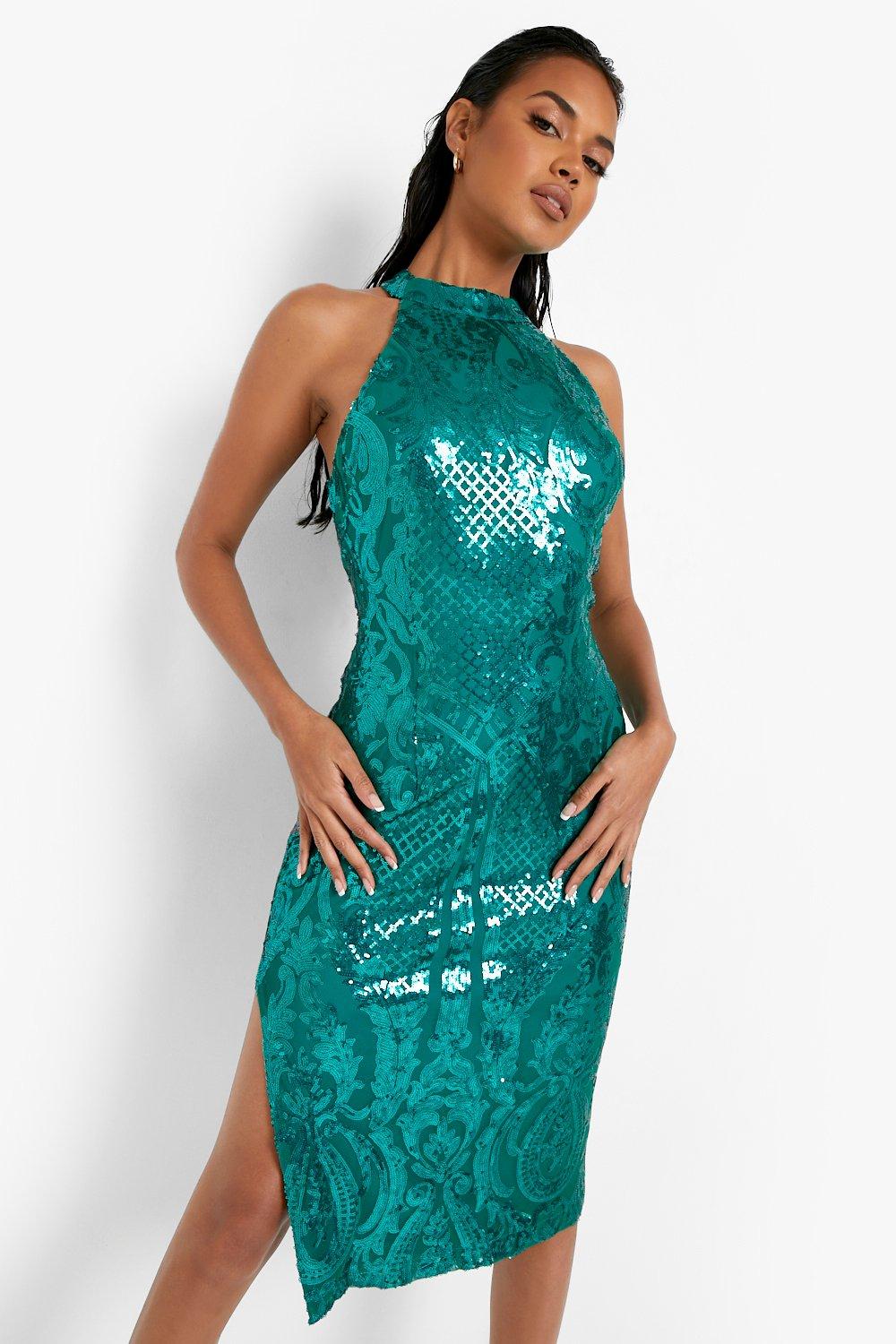 Damask Sequin High Neck Midi Party Dress