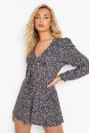 boohoo Printed Plunge Tie Front Playsuit thumbnail 1
