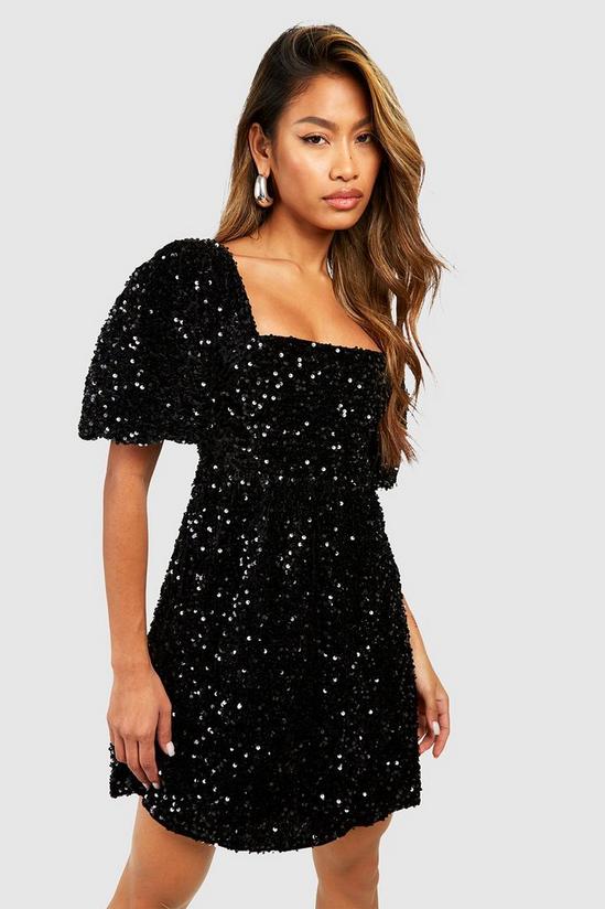 boohoo Sequin Puff Sleeve Square Neck Smock Party Dress 1