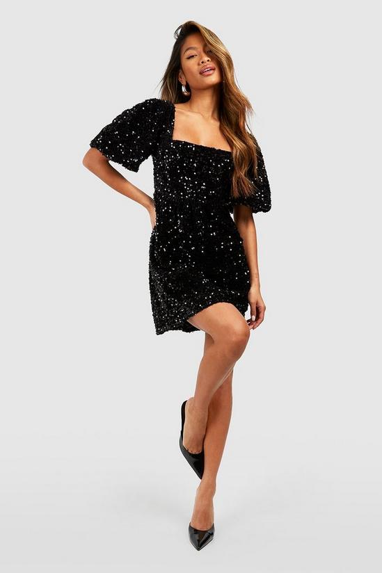 boohoo Sequin Puff Sleeve Square Neck Smock Party Dress 3