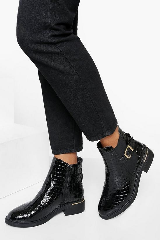 boohoo Wide Fit Croc Patent Buckle Chelsea Boots 1