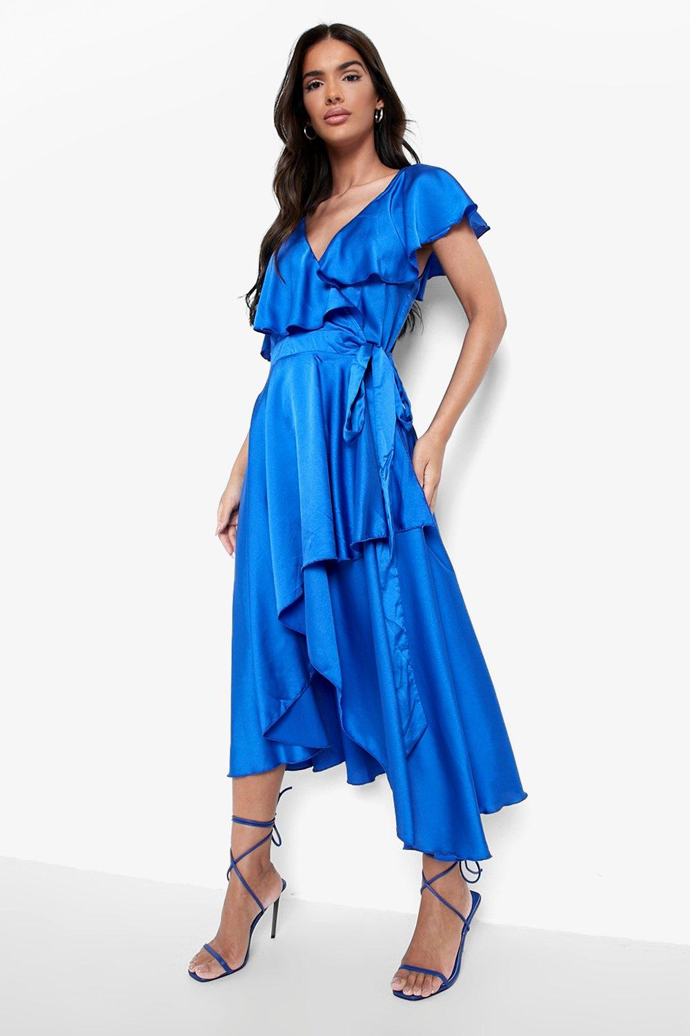 Satin Ruffle Wrap Detail Skater Dress