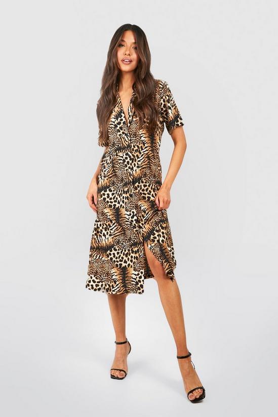 boohoo Tiger And Leopard Mix Shirt Style Midi Dress 1