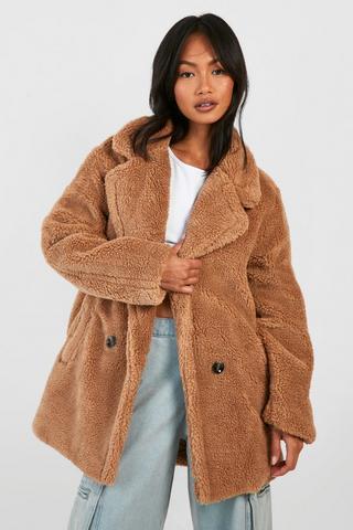 NWT Topshop Camel Brown Soft Teddy Bear Faux Fur Borg Velvet Coat L 12 44