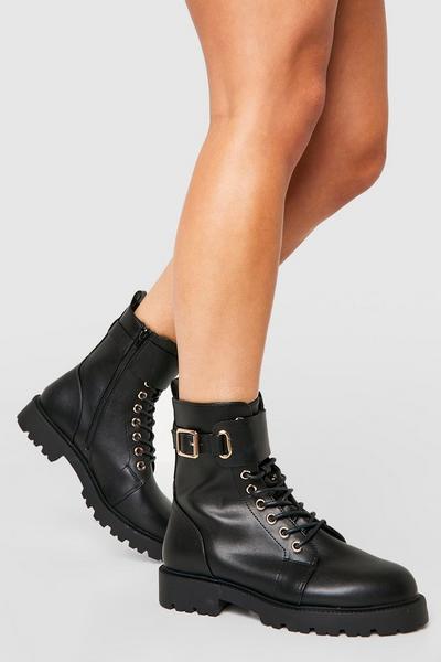 Wide Fit Buckle Detail Lace Up Hiker Boots