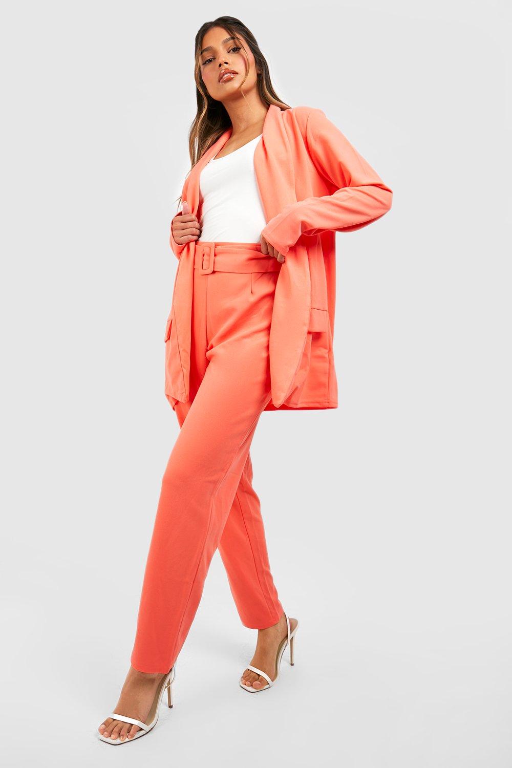 boohoo Women's Tailored Blazer And Self Fabric Belt Trouser Suit|Size: 8|coral