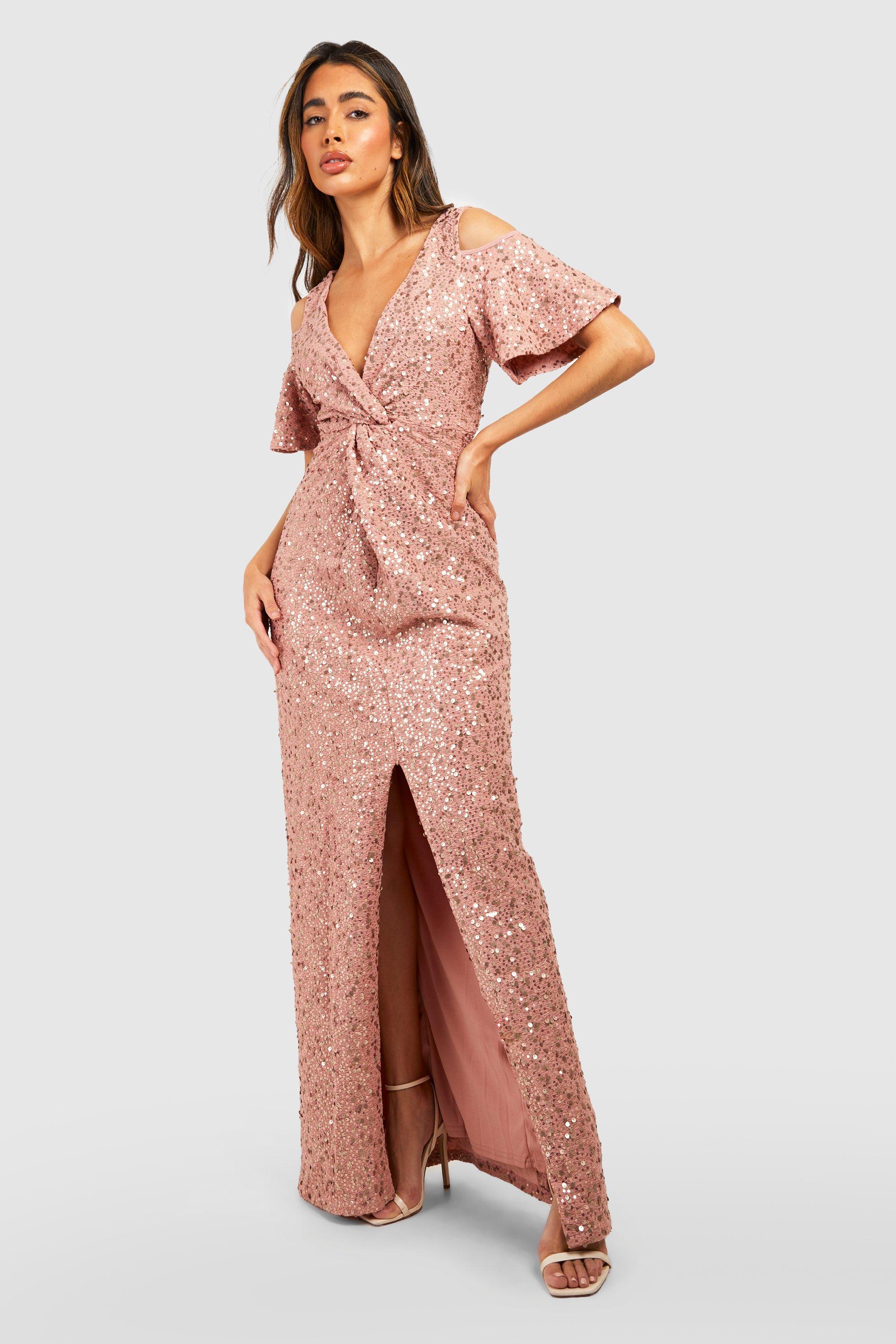 Bridesmaid Occasion Sequin Knot Front Maxi Dress