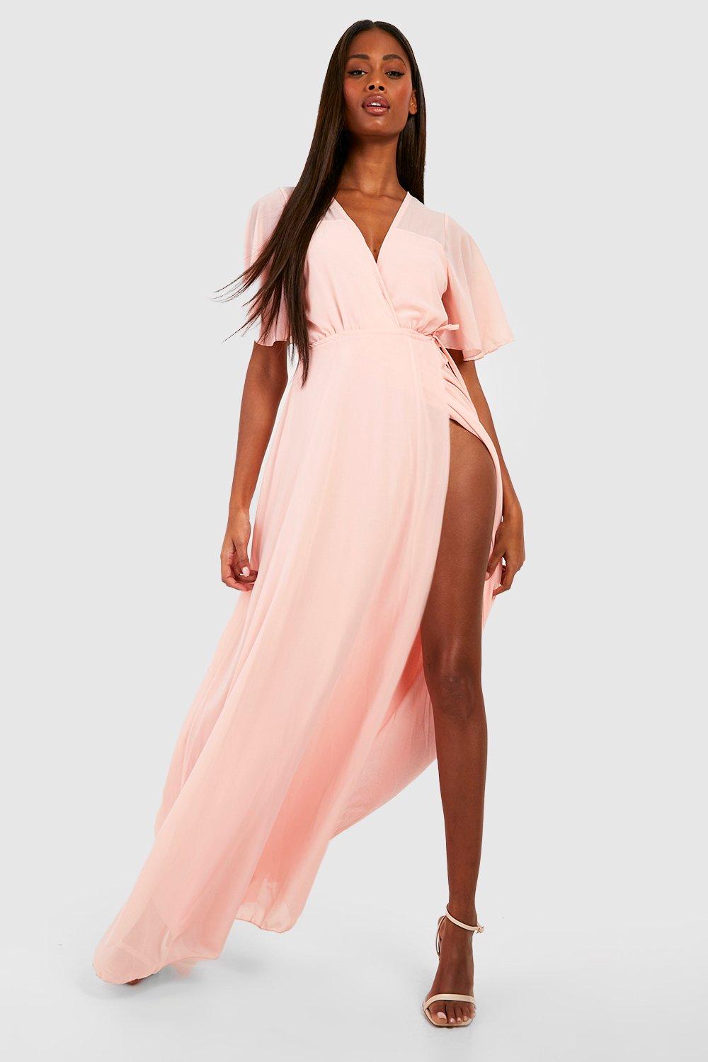Chiffon Angel Sleeve Wrap Maxi Bridesmaid Dress