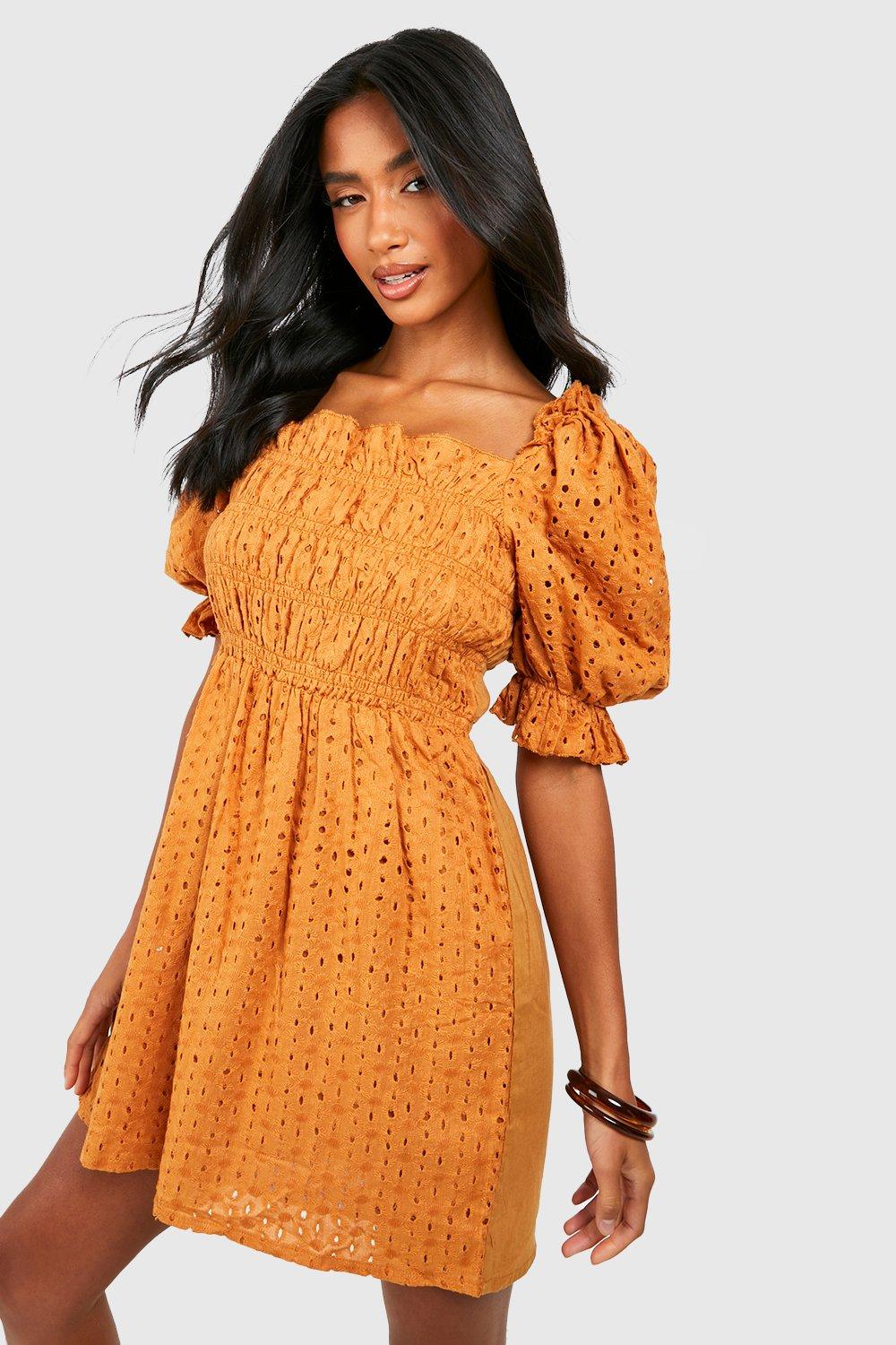 Petite Broderie Puff Sleeve Shirred Dress