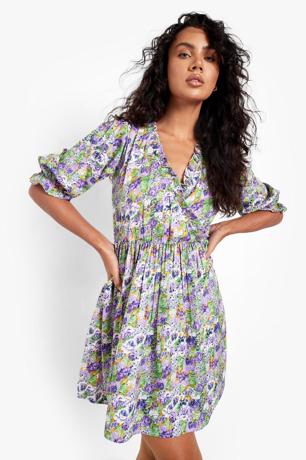 Floral Puff Sleeve Wrap Smock Dress
