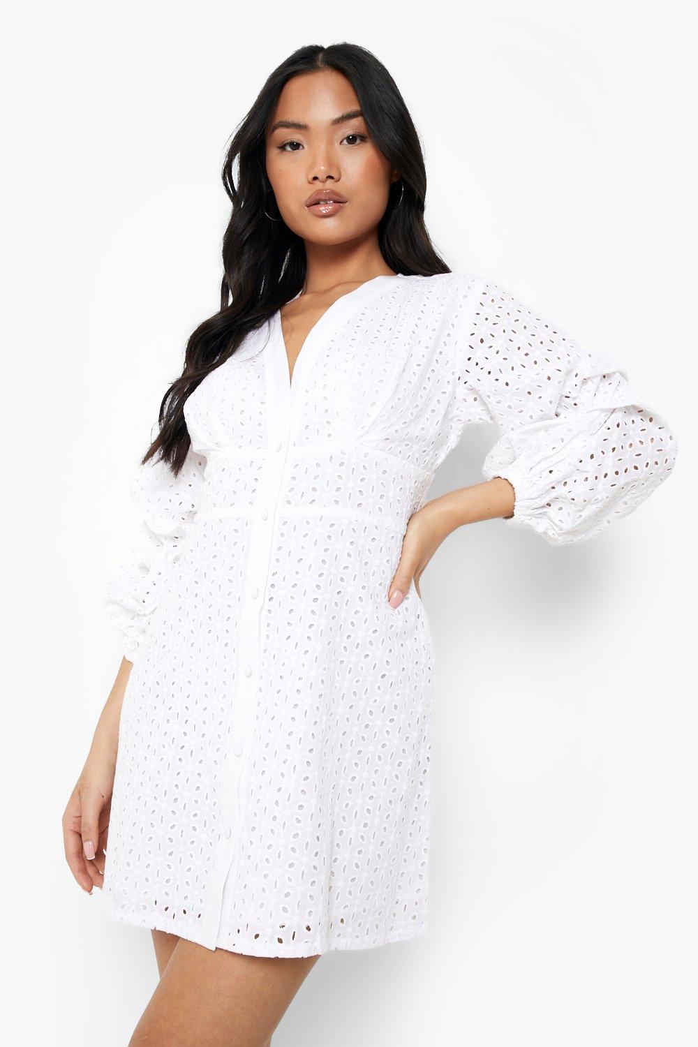 Petite Broderie Ruched Puff Sleeve Mini Dress