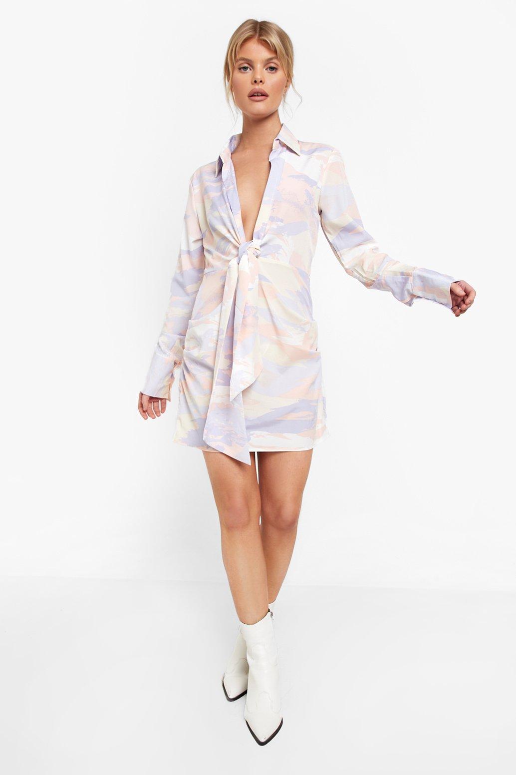Printed Tie Front Shirt Dress