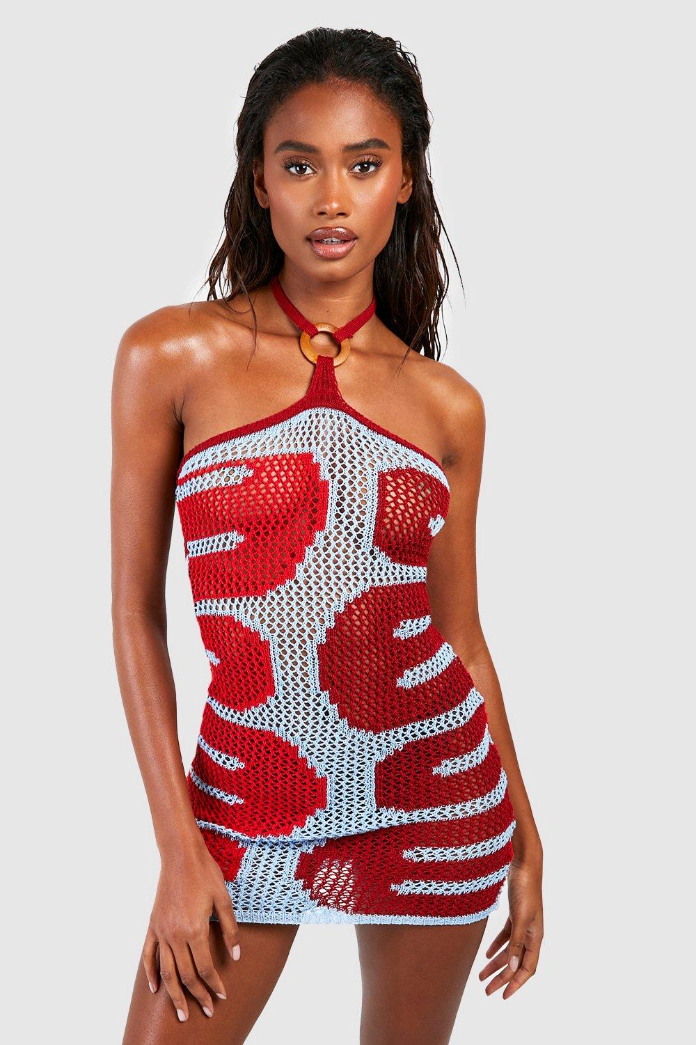 Crochet Halter Neck Square Ring Beach Dress