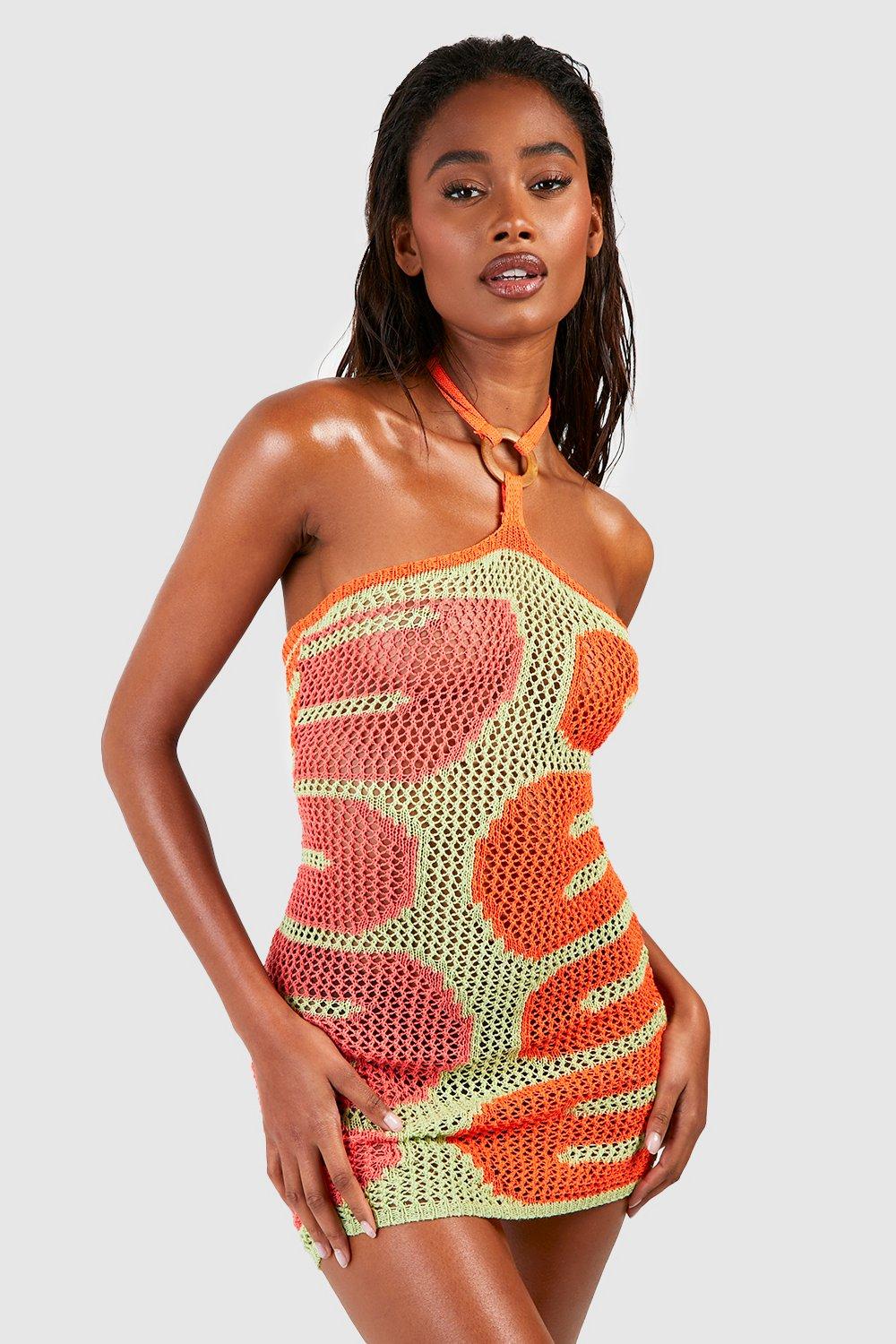 Crochet Halter Neck Square Ring Beach Dress