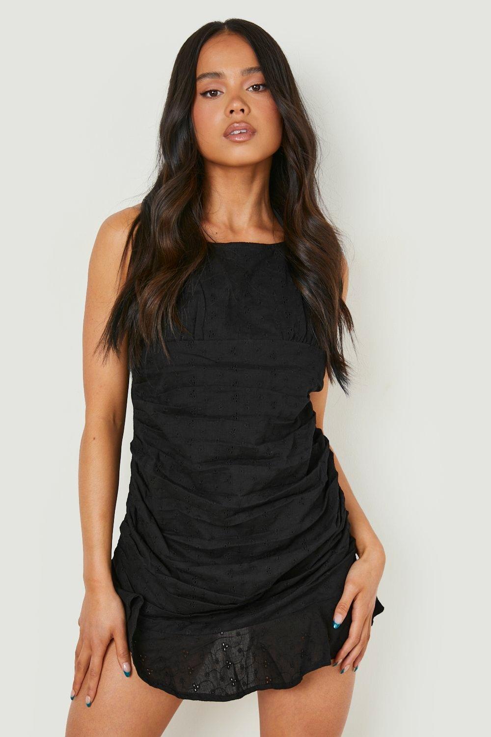 Petite Broderie Ruched Side Halter Mini Dress