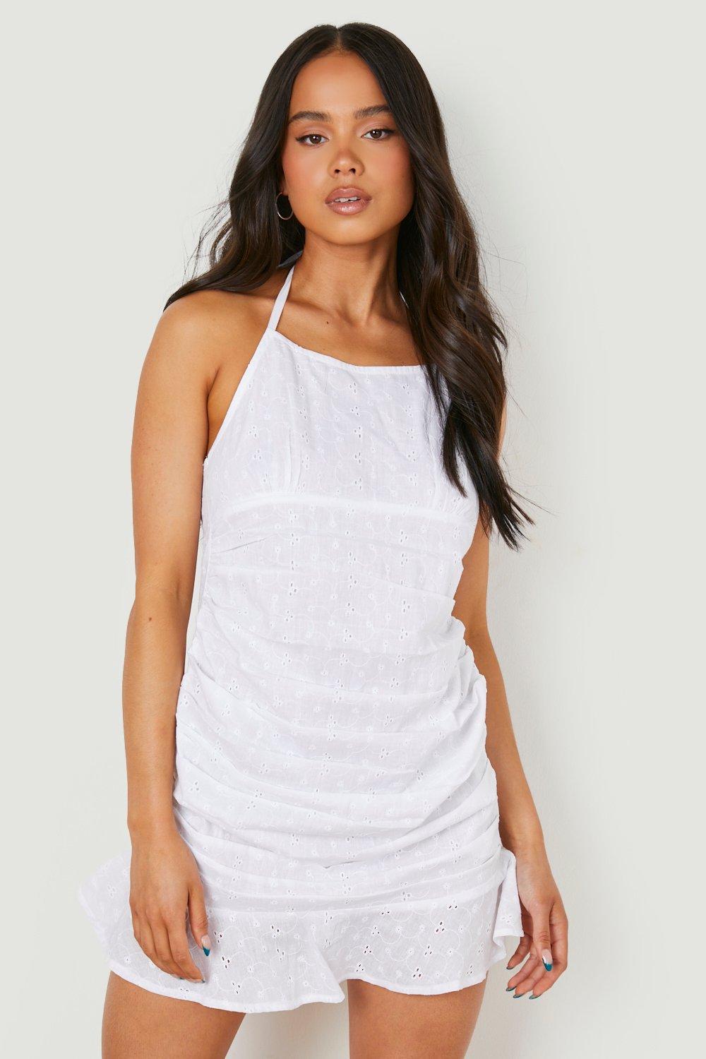 Petite Broderie Ruched Side Halter Mini Dress