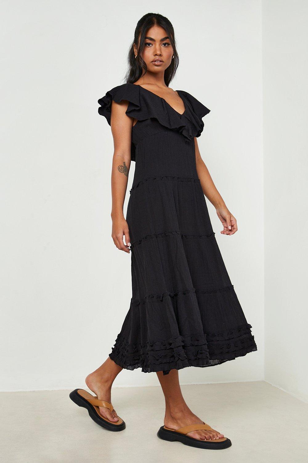 Cheesecloth Frill Detail Plunge Midaxi Dress