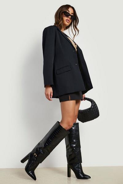 Fold Over Buckle Detail Pointed Knee High Boots
