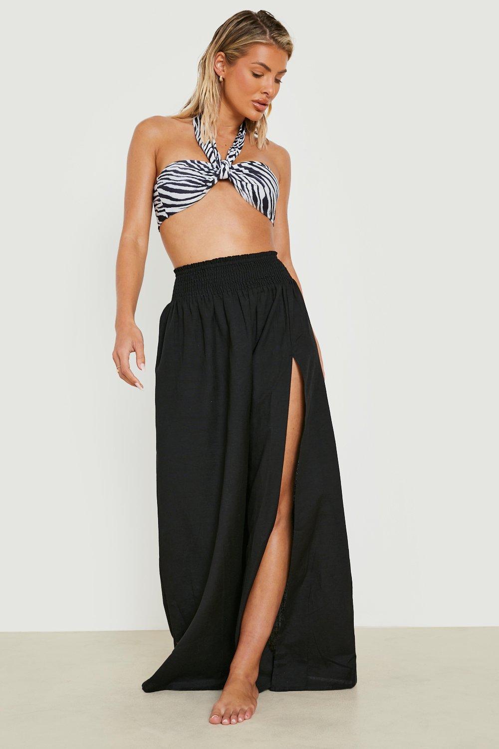 Linen Look Shirred Split Maxi Beach Skirt