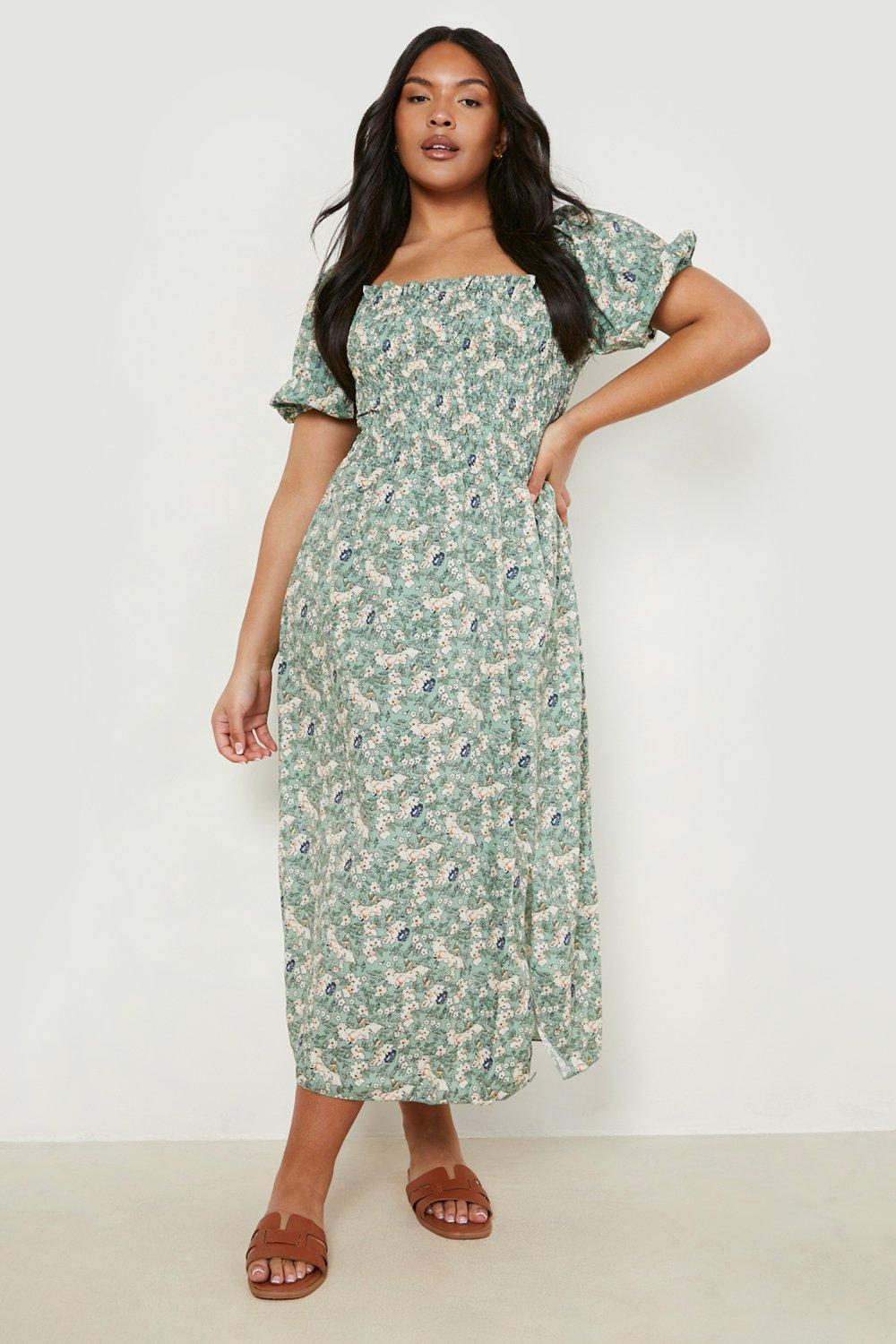 Plus Ditsy Floral Shirred Midaxi Dress