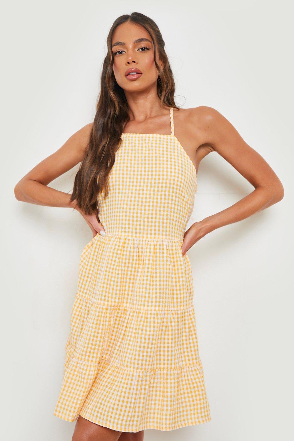 Woven Crinkle Gingham Strappy Smock Dress