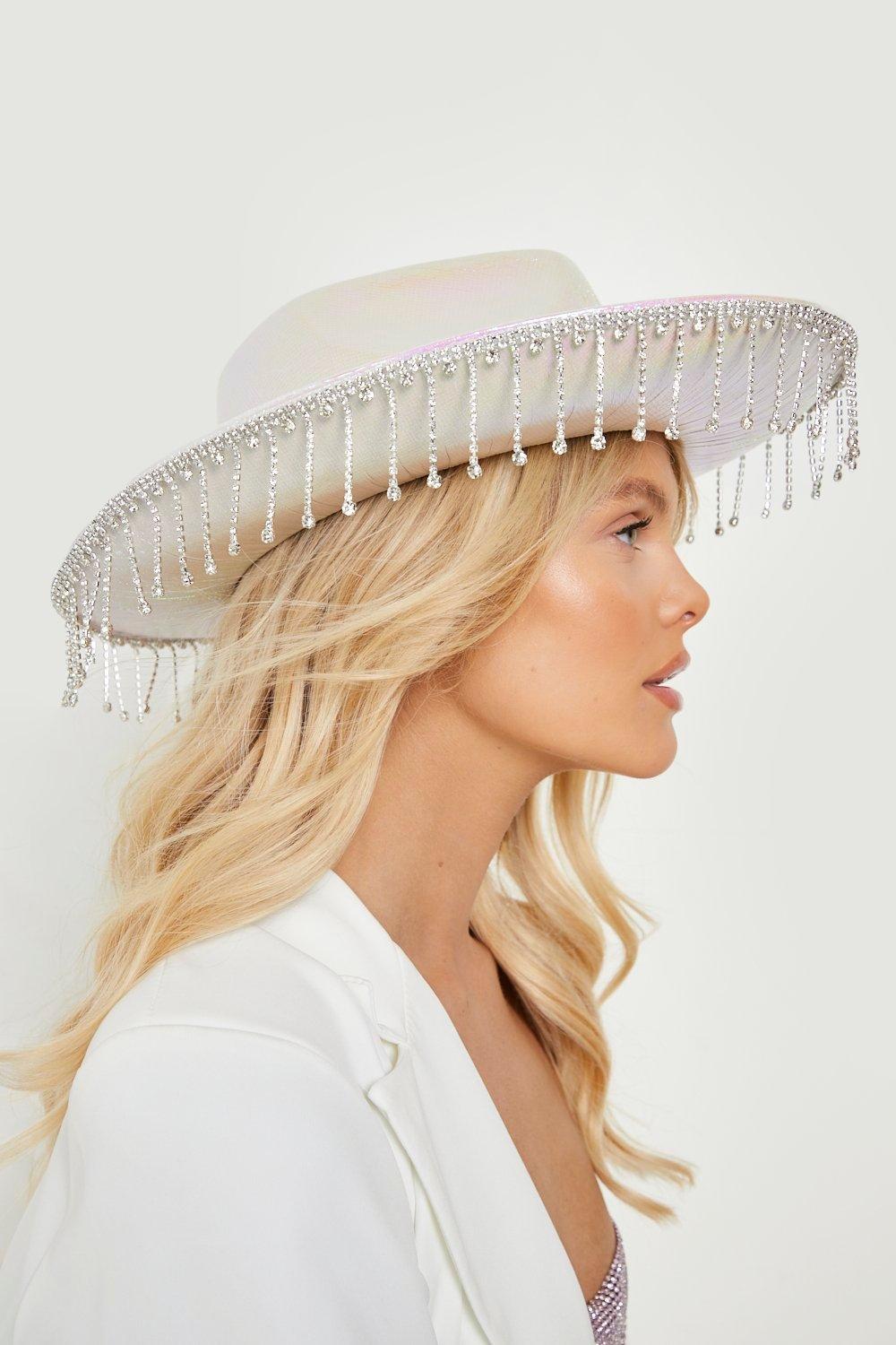 boohoo Women's White Diamante Tassel Trim Cowboy Hat|white