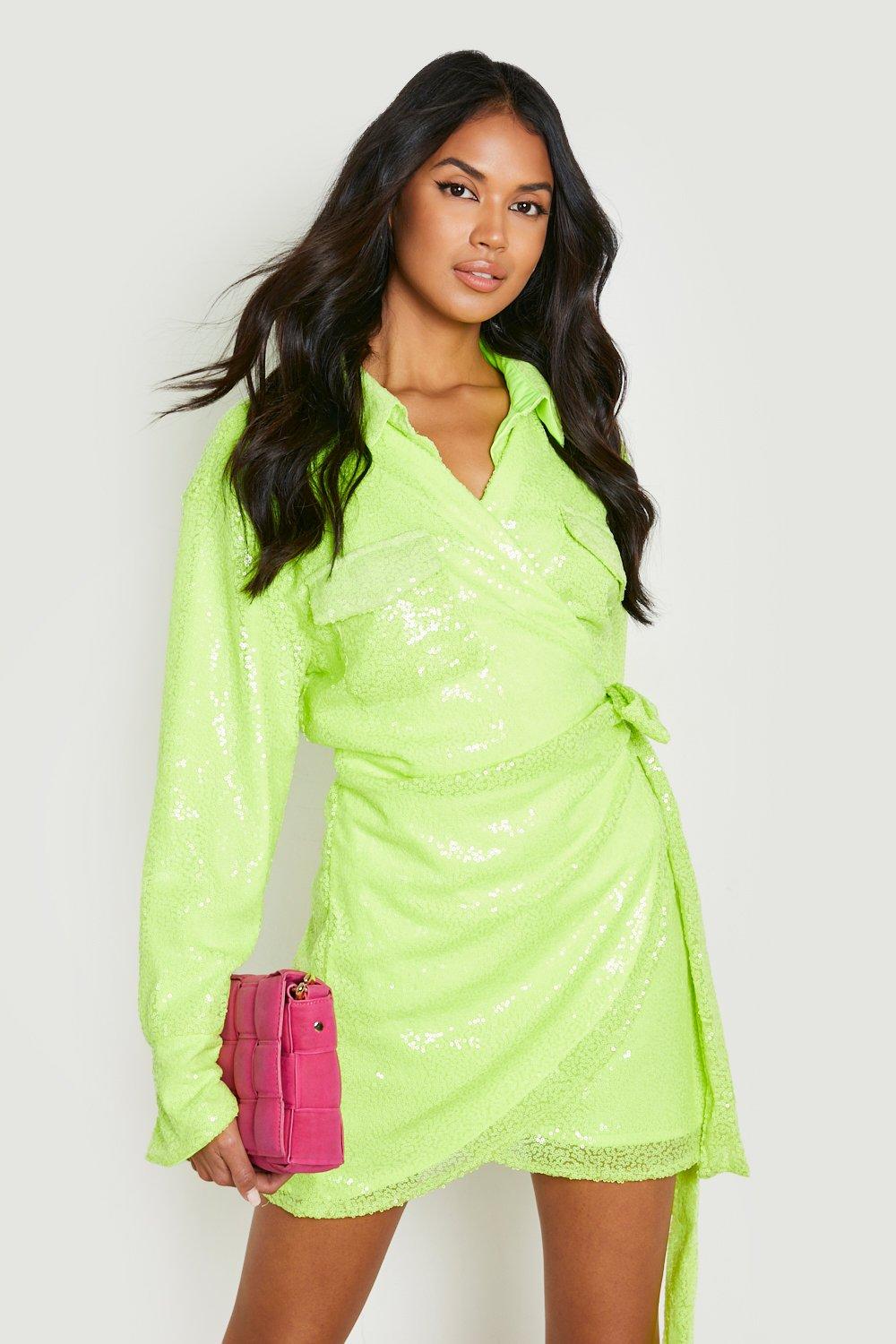 Neon Sequin Wrap Shirt Dress