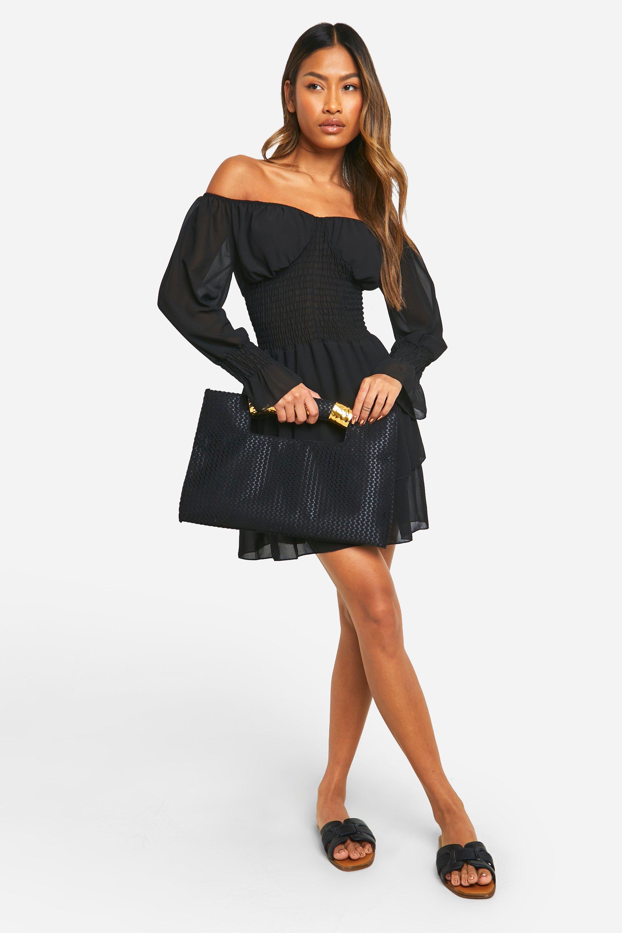 Chiffon Shirred Bardot Mini Dress