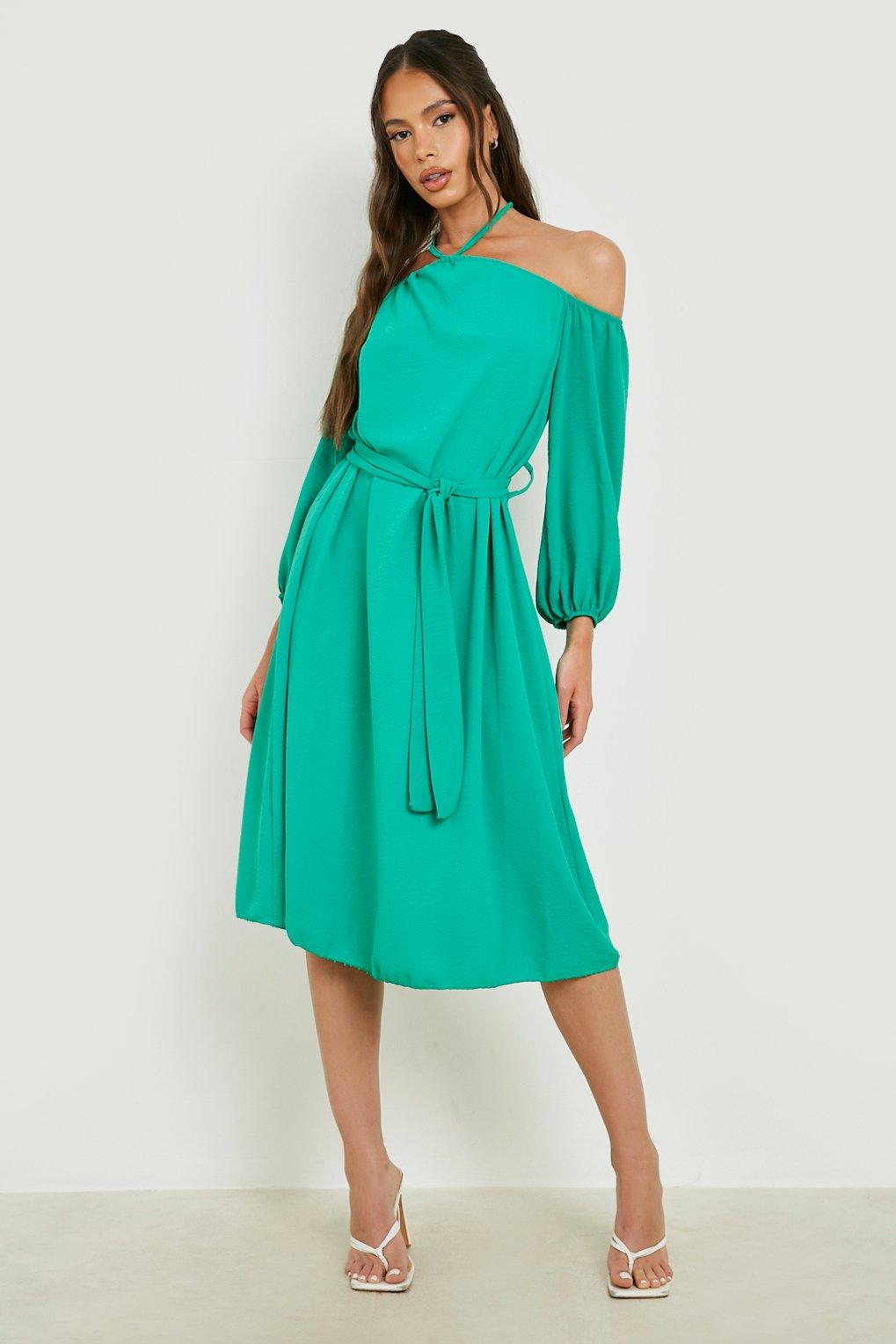 Linen Look Halterneck Long Sleeve Midi Dress